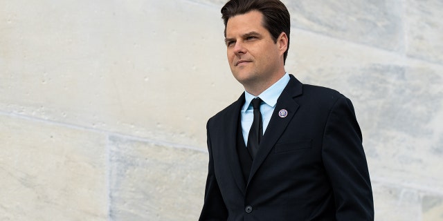 Rep. Matt Gaetz, R-Fla., walks down the House steps at the Capitol after the last votes of the week on Friday, April 1, 2022.