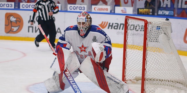 CSKA Hockey Club player Ivan Fedotov in action during the Kontinental Hockey League's Gagarin Cup 2021-22 between SKA Saint Petersburg and CSKA Moscow at the Ice Sports Palace.
