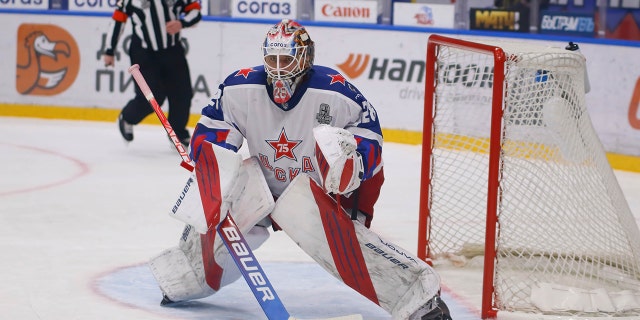 CSKA Hockey Club player Ivan Fedotov in action during the Kontinental Hockey League's Gagarin Cup 2021-22 between SKA Saint Petersburg and CSKA Moscow at the Ice Sports Palace.