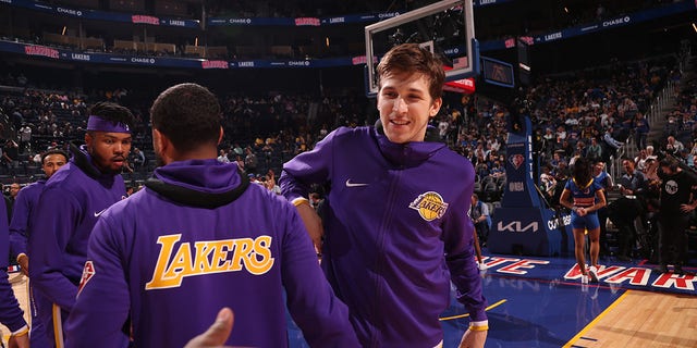 Austin Reeves of the Los Angeles Lakers smiles before a game against the Golden State Warriors on April 7, 2022 at the Chase Center in San Francisco. 