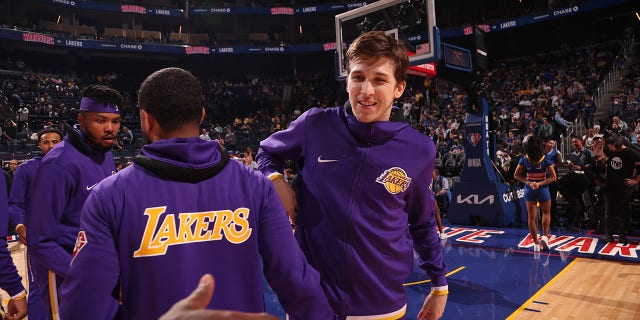Austin Reeves of the Los Angeles Lakers smiles before a game against the Golden State Warriors on April 7, 2022 at the Chase Center in San Francisco.