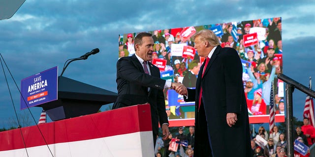 US Senate nominee Ted Budd takes the stage with former President Donald Trump during a rally at The Farm at 95 in Selma, North Carolina on April 9, 2022.