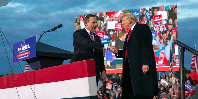 US Senate nominee Ted Budd takes the stage with former President Donald Trump during a rally at The Farm at 95 in Selma, North Carolina on April 9, 2022.