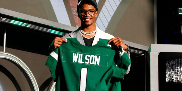 Garrett Wilson, of Ohio State University, is selected as the number 10 pick by the New York Jets during the NFL Draft on April 28, 2022 in Las Vegas, Nevada.