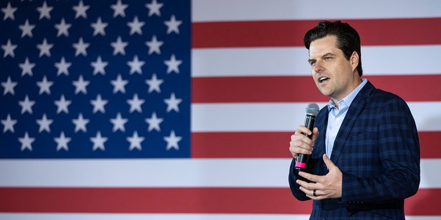NEWARK, OH - APRIL 30: Rep. Matt Gaetz (R-FL) speaks during a campaign rally for JD Vance, a Republican candidate for US Senate in Ohio, at The Trout Club on April 30, 2022 in Newark, Ohio