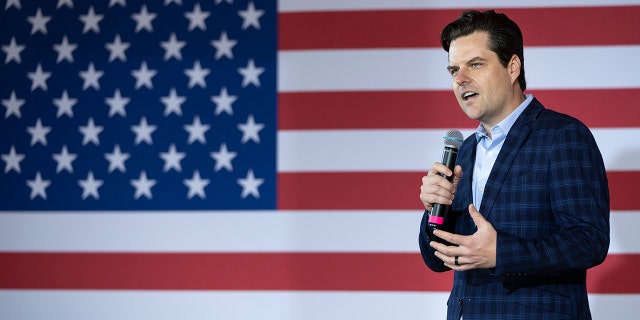 Rep. Matt Gates (R-FL) speaks at the JD Vance campaign rally at the Trout Club in Newark, Ohio, April 30, 2022. 