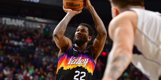 Deandre Ayton of the Phoenix Suns shoots a free throw against the Dallas Mavericks during Game 7 of the 2022 NBA Playoffs Western Conference Semifinals on May 15, 2022, at Footprint Center in Phoenix.
