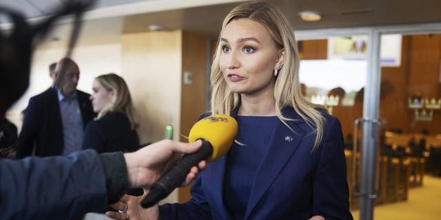 2022년 5월 16일 스웨덴 스톡홀름에서 열린 릭스다겐에서 스웨덴의 NATO 가입 신청에 대한 토론에서 기독민주당의 에바 부시 대표.