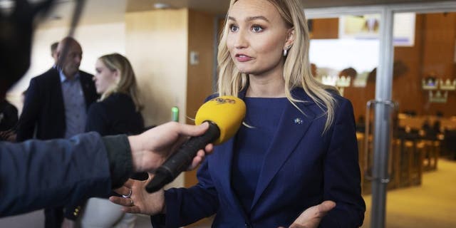 Ebba Busch, leader of the Christian Democrats, during a debate about Sweden's application to join NATO at Riksdagen May 16, 2022, in Stockholm, Sweden.