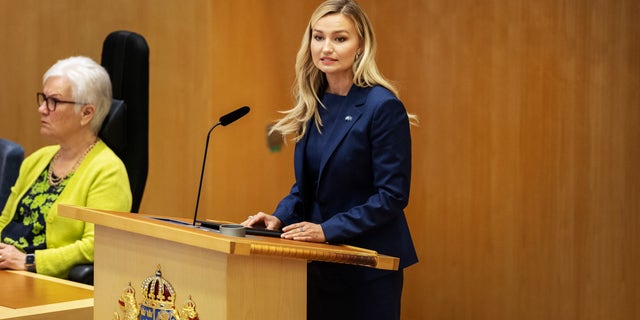 Ebba Busch, leader of the Christian Democrats, speaks about Sweden's application to join NATO May 16, 2022, in Stockholm, Sweden. 