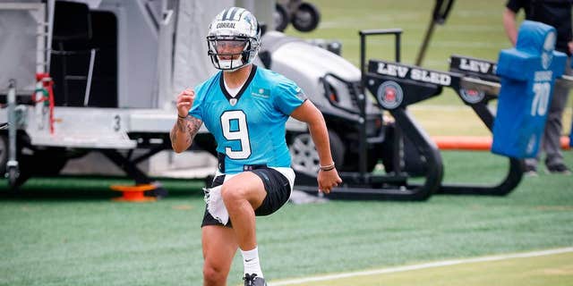 Carolina Panthers quarterback Matt Corral runs drills during rookie minicamp at the Panthers practice field in Charlotte, N.C., on May 13, 2022.