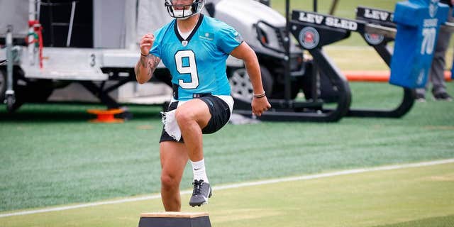 Carolina Panthers quarterback Matt Corral runs drills during rookie minicamp at the Panthers practice field in Charlotte, N.C., on May 13, 2022.