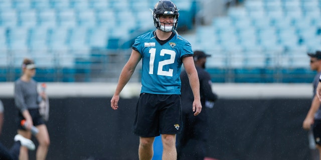 Jacksonville Jaguars kicker Andrew Mevis (12) during Jacksonville Jaguars OTA workouts May 31, 2022, at TIAA Bank Field in Jacksonville, Fla.