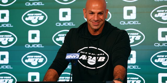 New York Jets head coach Robert Saleh talks with reporters before New York Jets mandatory minicamp at the Atlantic Health Jets Training Center on June 15, 2022 in Florham Park, New Jersey.