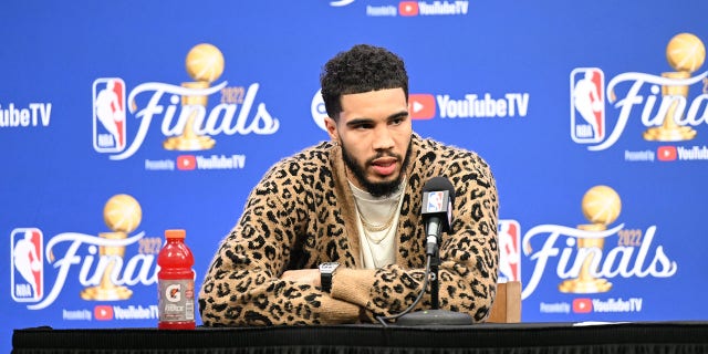 Jayson Tatum of the Celtics talks to the media after the NBA Finals game against the Golden State Warriors on June 16, 2022, at the TD Garden in Boston.