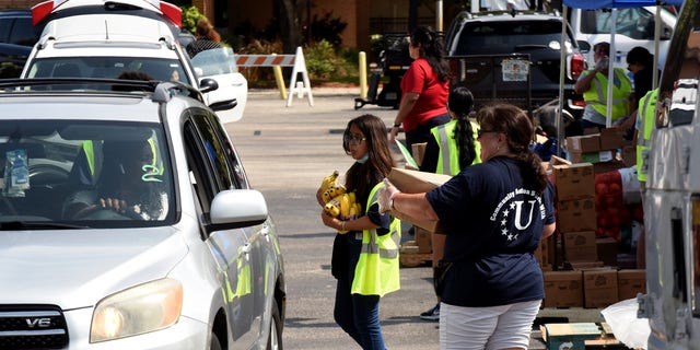 ORLANDO, FLORIDA: Volunteers provide bananas and other food items to the needy at a food distribution event sponsored by the Second Harvest Food Bank of Central Florida and Orange County at St. John Vianney Church in Orlando, Florida. 