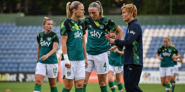 Republic of Ireland manager Vera Pauw speaks to Diane Caldwell, left, and Louise Quinn before the FIFA Women's World Cup 2023 qualifier match between Georgia and Republic of Ireland at Tengiz Burjanadze Stadium in Gori, Georgia.