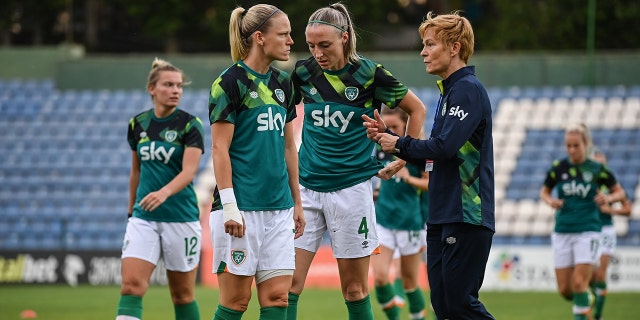 Republic of Ireland manager Vera Pauw speaks to Diane Caldwell, left, and Louise Quinn before the FIFA Women's World Cup 2023 qualifier match between Georgia and Republic of Ireland at Tengiz Burjanadze Stadium in Gori, Georgia. 