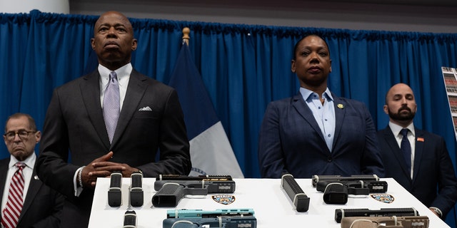 New York City Mayor Eric Adams and Police Commissioner Keechant Sewell attend a news conference with Attorney General Letitia James and others to announce a new lawsuit against "ghost gun" distributors on June 29, 2022, in New York City. 