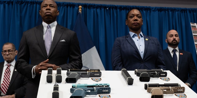 New York City Mayor Eric Adams and Police Commissioner Keechant Sewell attend a news conference with Attorney General Letitia James and others to announce a new lawsuit against "ghost gun" distributors on June 29, 2022, in New York City. 