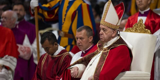 VATICAN - 2022/06/29: Pope Francis leads the Holy Mass for the Solemnity of Saints Peter and Paul in St. Peter's Basilica in St. Peter's Basilica. (Photo by Stefano Costantino/SOPA Images/LightRocket via Getty Images)