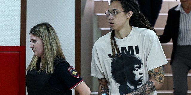 WNBA basketball superstar Brittney Griner arrives to a hearing at the Khimki Court, outside Moscow, on July 1, 2022.