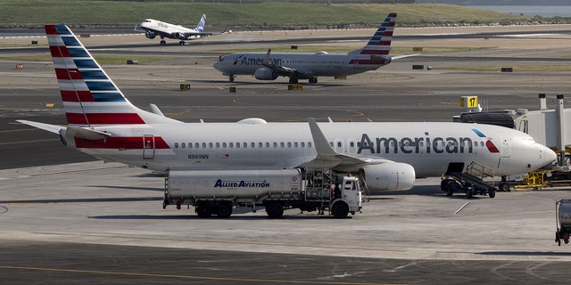 American Airlines plane at LaGuardia Airport (LGA) in Queens, New York, USA, July 1, 2022.