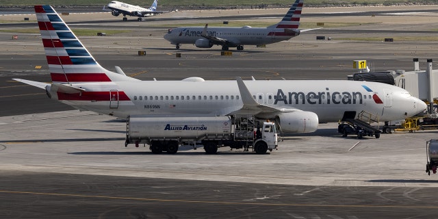 American Airlines plane at LaGuardia Airport (LGA) in Queens, New York, USA, July 1, 2022.