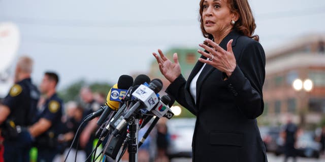 US Vice President Kamala Harris speaks during a surprise visit to the site of a shooting which left seven dead in Highland Park, Illinois, on July 5, 2022. (Photo by KAMIL KRZACZYNSKI/AFP via Getty Images)