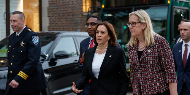 US Vice President Kamala Harris (C) walks next to Highland Park Mayor Nancy Rotering (R) as she makes a surprise visit to the site of a shooting that left seven people dead in Highland Park, Illinois, on July 5, 2022. (Photo by KAMIL KRZACZYNSKI / AFP) (Photo by KAMIL KRZACZYNSKI/AFP via Getty Images)