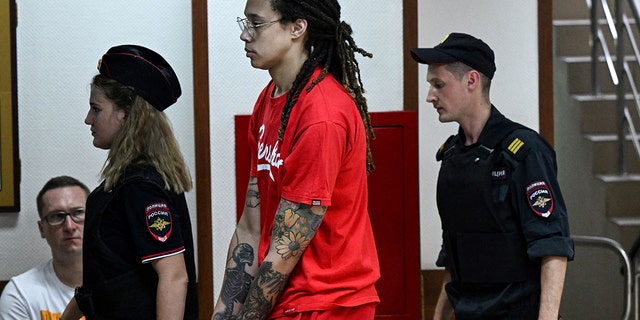 WNBA American basketball superstar Brittney Griner arrives for a hearing at Khimki Court near Moscow on July 7, 2022.  — Griner, a two-time Olympian and WNBA champion, was detained at a Moscow airport in February on charges of carrying cannabis oil in her luggage vape cartridges, which could lead to 10 years in prison. 