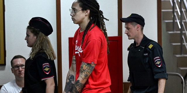 Brittney Griner pleads guilty to drug charges in Russia 4 US WNBA basketball superstar Brittney Griner arrives to a hearing at the Khimki Court, outside Moscow on July 7, 2022. - Griner, a two-time Olympic gold medallist and WNBA champion, was detained at Moscow airport in February on charges of carrying in her luggage vape cartridges with cannabis oil, which could carry a 10-year prison sentence.