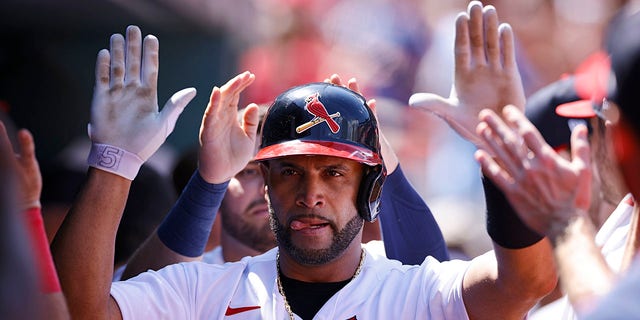 St. Louis Cardinals first baseman Albert Pujols, #5, celebrates with teammates in the dugout after hitting a solo home run to center field in the sixth inning of an MLB game against the Philadelphia Phillies on July 10, 2022 at Busch Stadium in St. Louis, Missouri. 