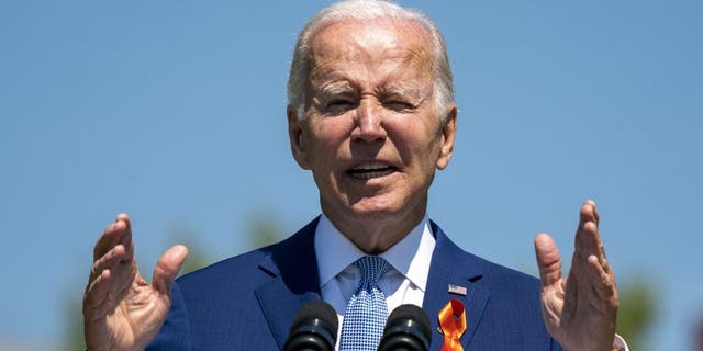 US President Joe Biden speaks during an event commemorating the passage of the Bipartisan Safer Communities Act on the South Lawn of the White House in Washington, D.C.