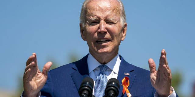 US President Joe Biden speaks during an event commemorating the passage of the Bipartisan Safer Communities Act on the South Lawn of the White House in Washington, D.C., US, on Monday, July 11, 2022. 