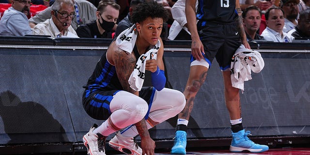 Paolo Banchero #5 of the Orlando Magic looks on against the Sacramento Kings during the 2022 Las Vegas Summer League on July 9, 2022 at the Thomas &amp;amp; Mack Center in Las Vegas, Nevada. 