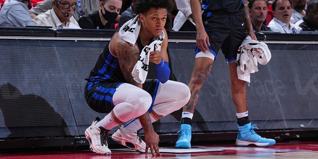 Paolo Banchero #5 of the Orlando Magic looks on against the Sacramento Kings during the 2022 Las Vegas Summer League on July 9, 2022 at the Thomas & Mack Center in Las Vegas, Nevada.