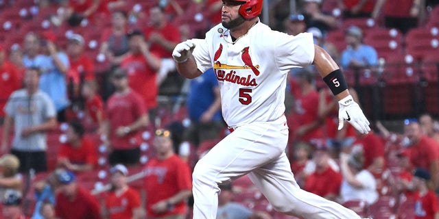 St. Louis Cardinals designated hitter Albert Pujols (5) runs to second base after hitting a double during a MLB game between the Philadelphia Phillies and the St. Louis Cardinals on July 11, 2022, at Busch Stadium, St. Louis, MO. 