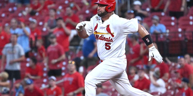 St. Louis Cardinals designated hitter Albert Pujols (5) runs to second base after hitting a double during a MLB game between the Philadelphia Phillies and the St. Louis Cardinals on July 11, 2022, at Busch Stadium, St. Louis, MO.