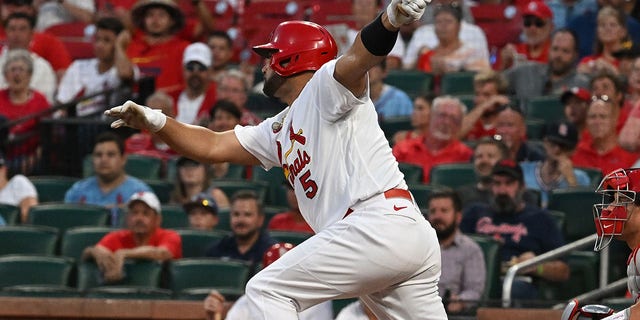 St. Louis Cardinals designated hitter Albert Pujols (5) doubles in the seventh inning during a MLB game between the Philadelphia Phillies and the St. Louis Cardinals on July 11, 2022, at Busch Stadium, St. Louis, MO.