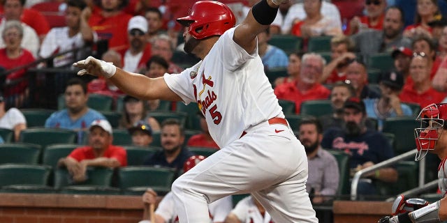 St. Louis Cardinals designated hitter Albert Pujols (5) doubles in the seventh inning during a MLB game between the Philadelphia Phillies and the St. Louis Cardinals on July 11, 2022, at Busch Stadium, St. Louis, MO.