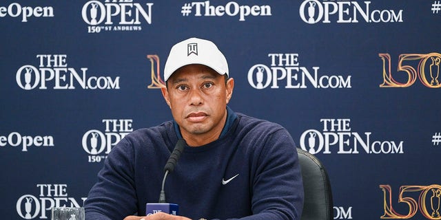 Tiger Woods will listen at a press conference following the practice of the 150th British Open on the Old Course in St Andrews, Scotland on July 12, 2022. 