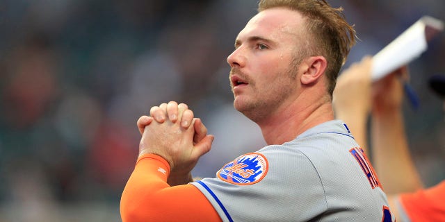 Pete Alonso (20) of the New York Mets looks on during the Tuesday evening MLB game between division rivals the Atlanta Braves and the New York Mets on July 12, 2022, at Truist Park in Atlanta, Georgia.