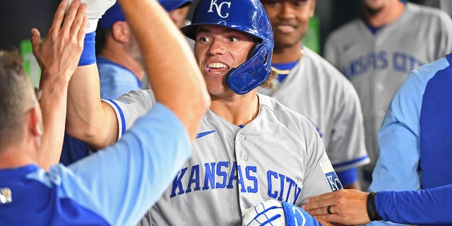 Kansas City Royals Center Field Nate Eaton (18) celebrates in the dugout after homering in the eighth inning during the regular season MLB game between the Kansas City Royals and Toronto Blue Jays on July 14, 2022 at Rogers Centre in Toronto, ON.