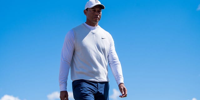 Tiger Woods of the United States approaches the 17th tee during Day Two of The 150th Open at St Andrews Old Course on July 15, 2022 in St Andrews, Scotland.