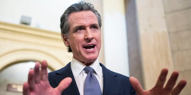 California Gov. Gavin Newsom (D) talks with reporters after a meeting with Speaker of the House Nancy Pelosi, D-Calif., in the U.S. Capitol, on Friday, July 15, 2022. 