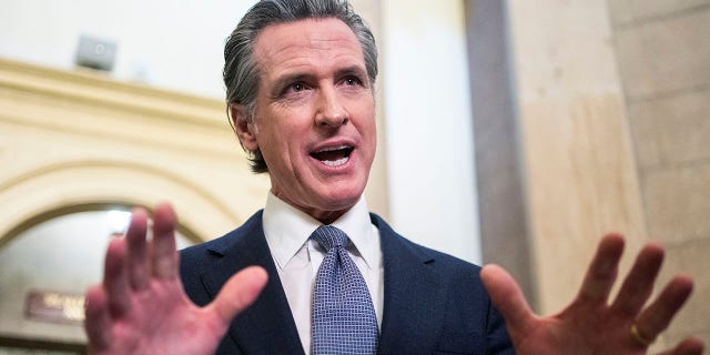 California Gov. Gavin Newsom (D) talks with reporters after a meeting with Speaker of the House Nancy Pelosi, D-Calif., in the U.S. Capitol, on Friday, July 15, 2022. 