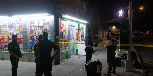 NYPD officers investigate an unrelated shooting at 1461 Southern Boulevard in the Bronx, New York City on Sunday, July 17, 2022. 