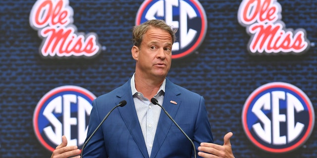 Ole Miss Rebels head coach Lane Kiffin addresses the media during the SEC Football Kickoff Media Days on July 18, 2022, at the College Football Hall of Fame in Atlanta, Georgia.