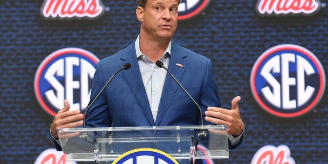 Ole Miss Rebels head coach Lane Kiffin addresses the media during the SEC Football Kickoff Media Days on July 18, 2022, at the College Football Hall of Fame in Atlanta, Georgia.